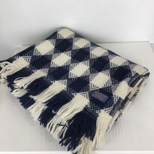 Vintage Pendleton Woven Wool Throw Blanket Blue Cream Check Fringed